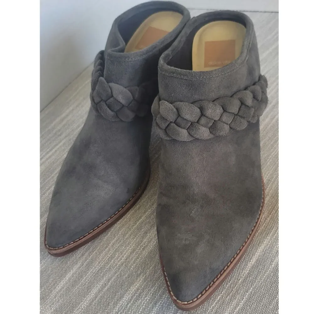 Gray Suede Dolce Vita Serla Pointed-toe Mule Braided Strap Detail Chunky Heel